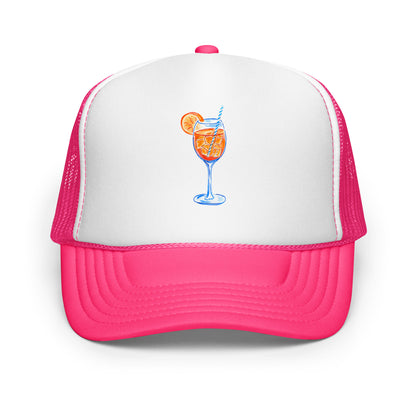 Aperol Spritz Watercolor Illustrated Trucker Hat Hot Pink White Hot Pink