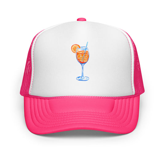Aperol Spritz Watercolor Illustrated Trucker Hat Hot Pink White Hot Pink