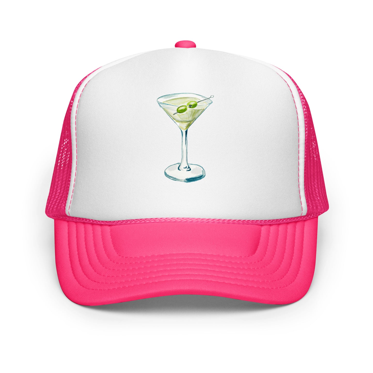 Martini Watercolor Illustrated Trucker Hat Hot Pink White Hot Pink