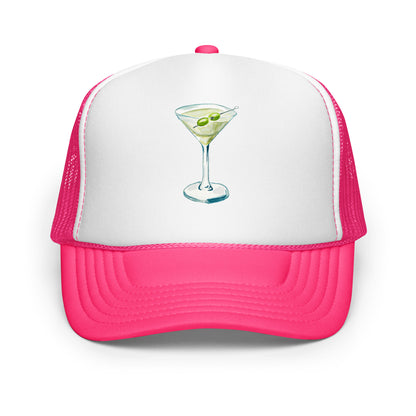 Martini Watercolor Illustrated Trucker Hat Hot Pink White Hot Pink