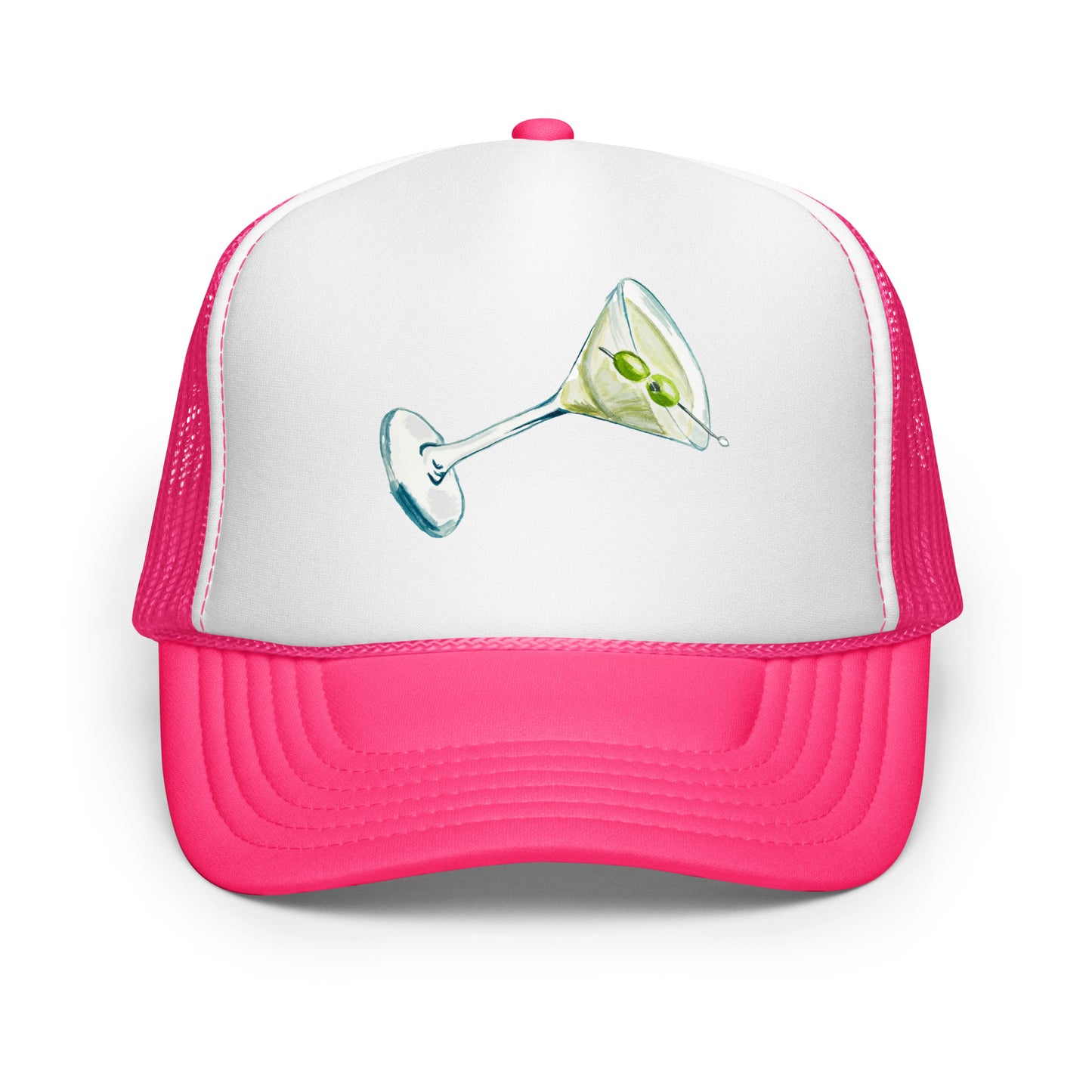 Martini Watercolor Illustrated Trucker Hat Hot Pink White Hot Pink