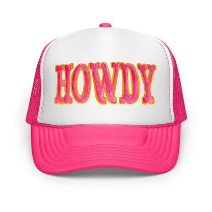 Howdy Hot Pink & Orange Watercolor Illustrated Trucker Hat Hot Pink White Hot Pink