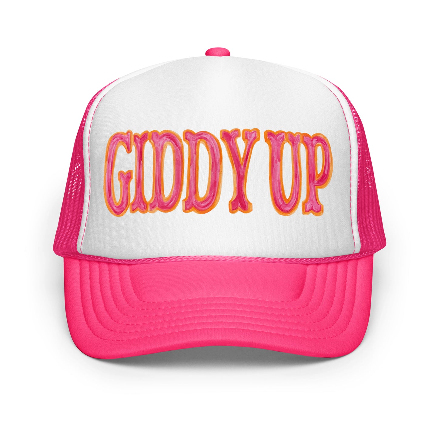 Giddy Up Hot Pink & Orange Watercolor Illustrated Trucker Hat Hot Pink White Hot Pink