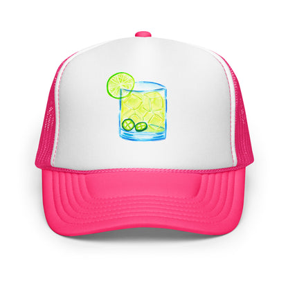 Spicy Margarita Watercolor Illustrated Trucker Hat | 4 Colors Hot Pink White Hot Pink