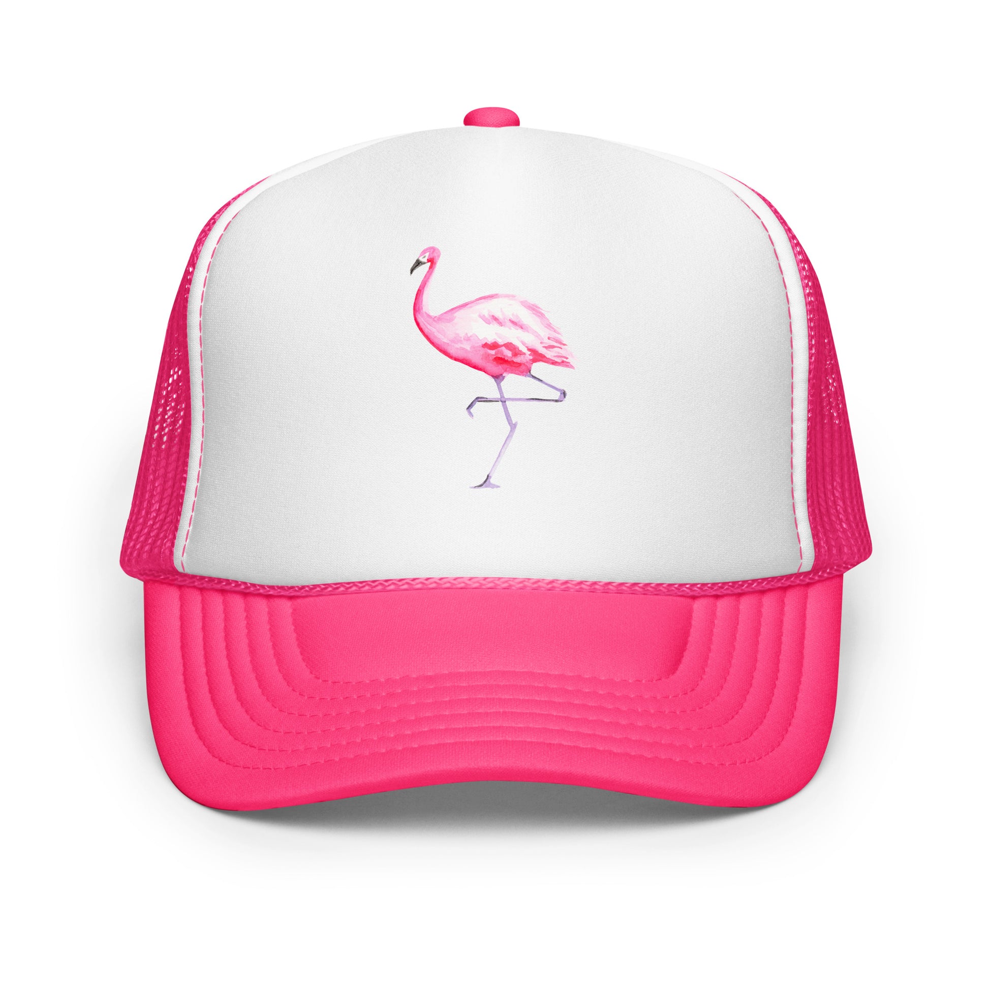 Pink Flamingo Watercolor Illustrated Trucker Hat | 9 Colors Hot Pink White Hot Pink