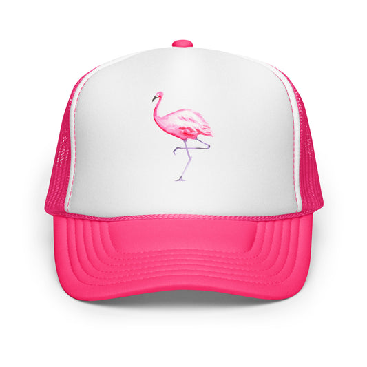 Pink Flamingo Watercolor Illustrated Trucker Hat | 9 Colors Hot Pink White Hot Pink