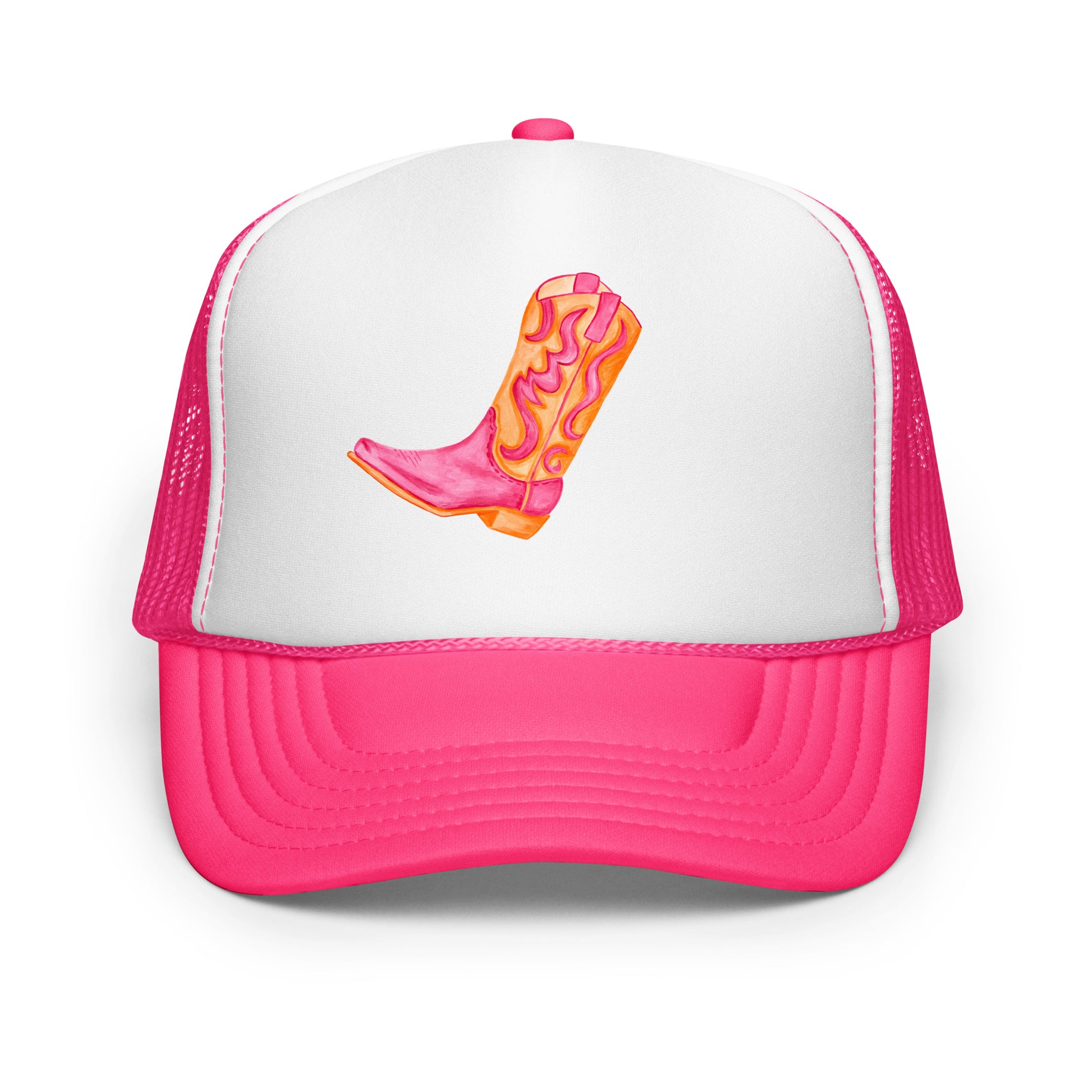 Hot Pink & Orange Cowboy Boot Watercolor Printed Trucker Hat | Various Colors Hot Pink White Hot Pink
