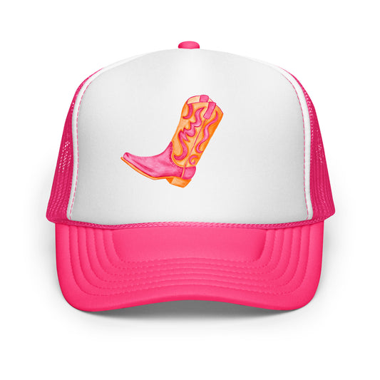 Hot Pink & Orange Cowboy Boot Watercolor Printed Trucker Hat | Various Colors Hot Pink White Hot Pink