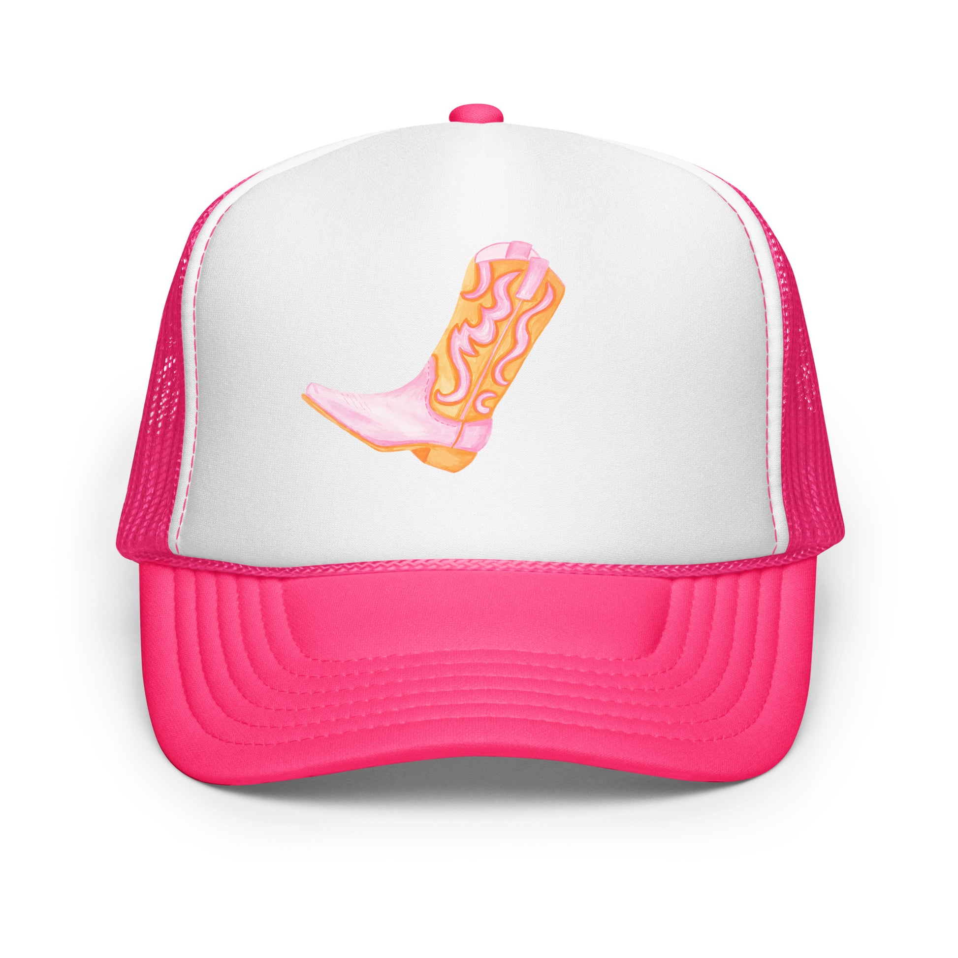 Light Pink & Orange Cowboy Boot Watercolor Printed Trucker Hat | Various Colors Hot Pink White Hot Pink