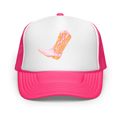 Light Pink & Orange Cowboy Boot Watercolor Printed Trucker Hat | Various Colors Hot Pink White Hot Pink