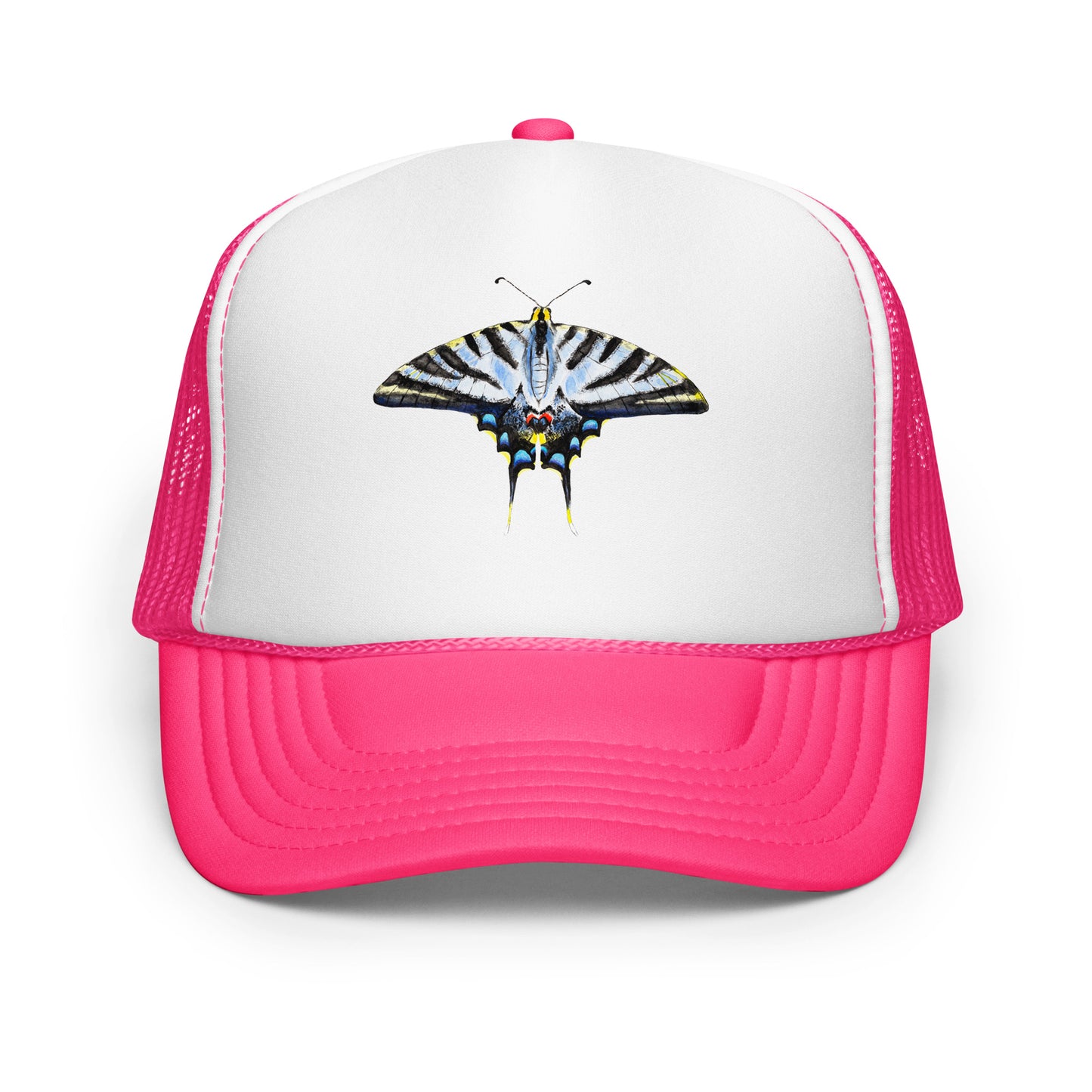 Light Blue Swallowtail Butterfly Watercolor Printer Trucker Hat | Various Hats Hot Pink White Hot Pink