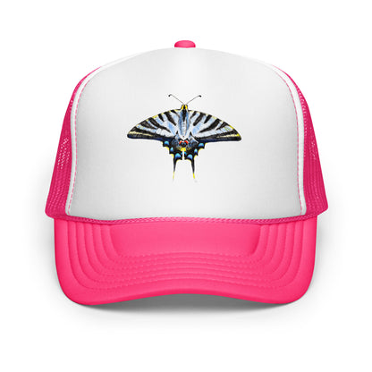 Light Blue Swallowtail Butterfly Watercolor Printer Trucker Hat | Various Hats Hot Pink White Hot Pink
