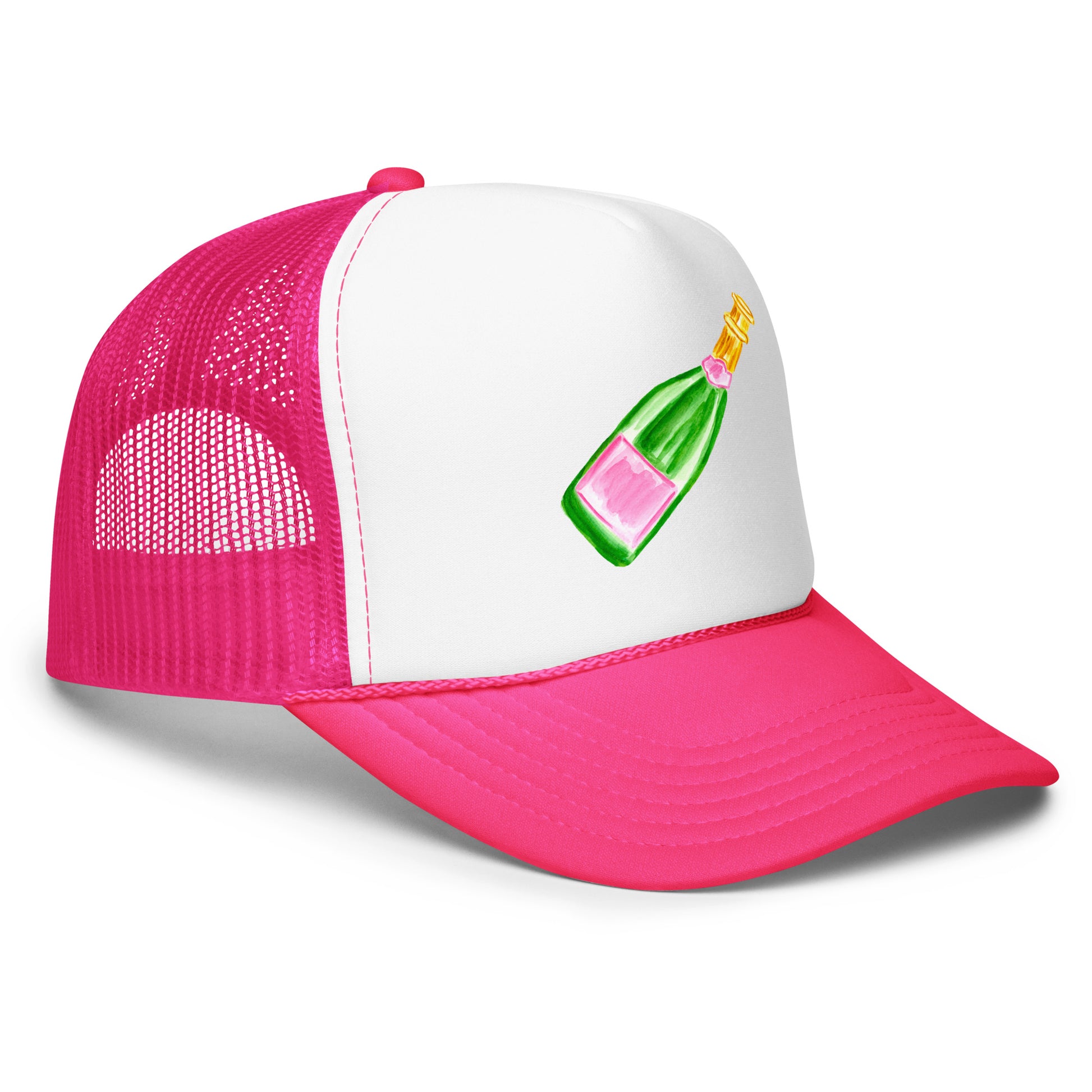 Trucker Hat | Pink & Green Champagne Bottle Watercolor Illustration