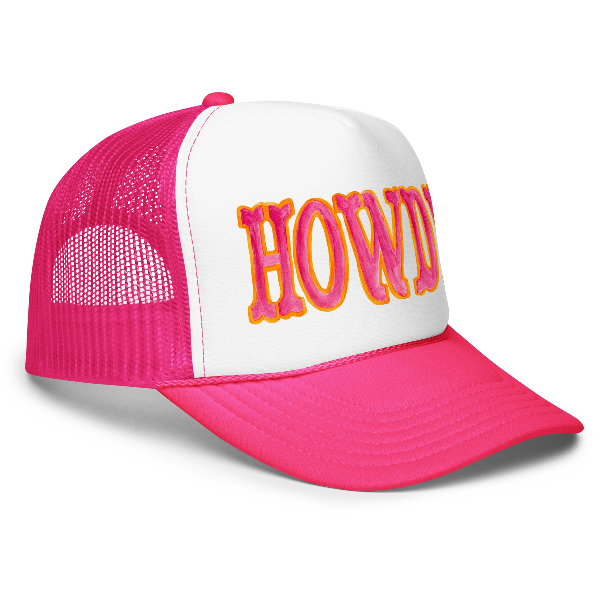 Howdy Hot Pink & Orange Watercolor Illustrated Trucker Hat