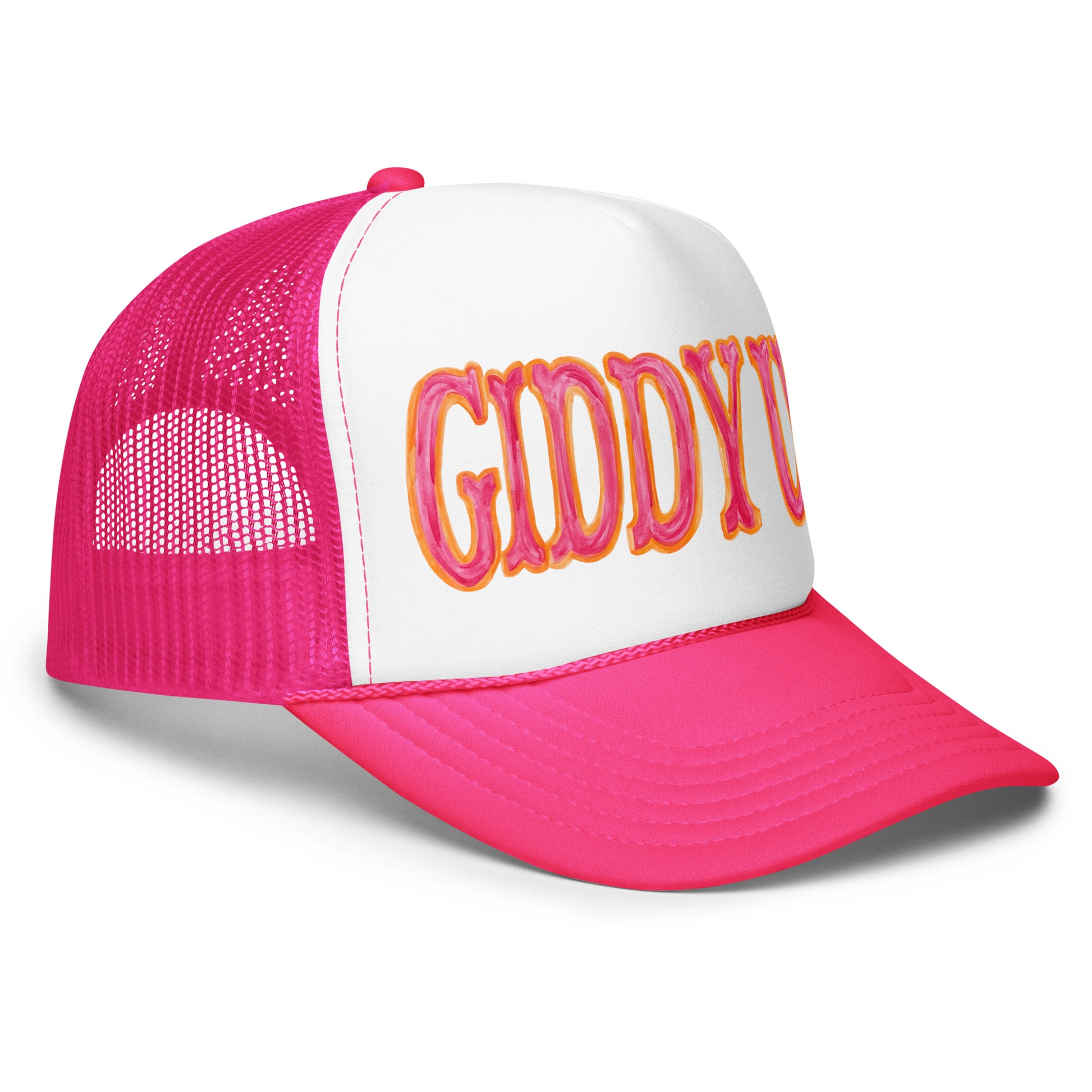 Giddy Up Hot Pink & Orange Watercolor Illustrated Trucker Hat