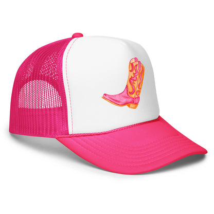 Hot Pink & Orange Cowboy Boot Watercolor Printed Trucker Hat | Various Colors