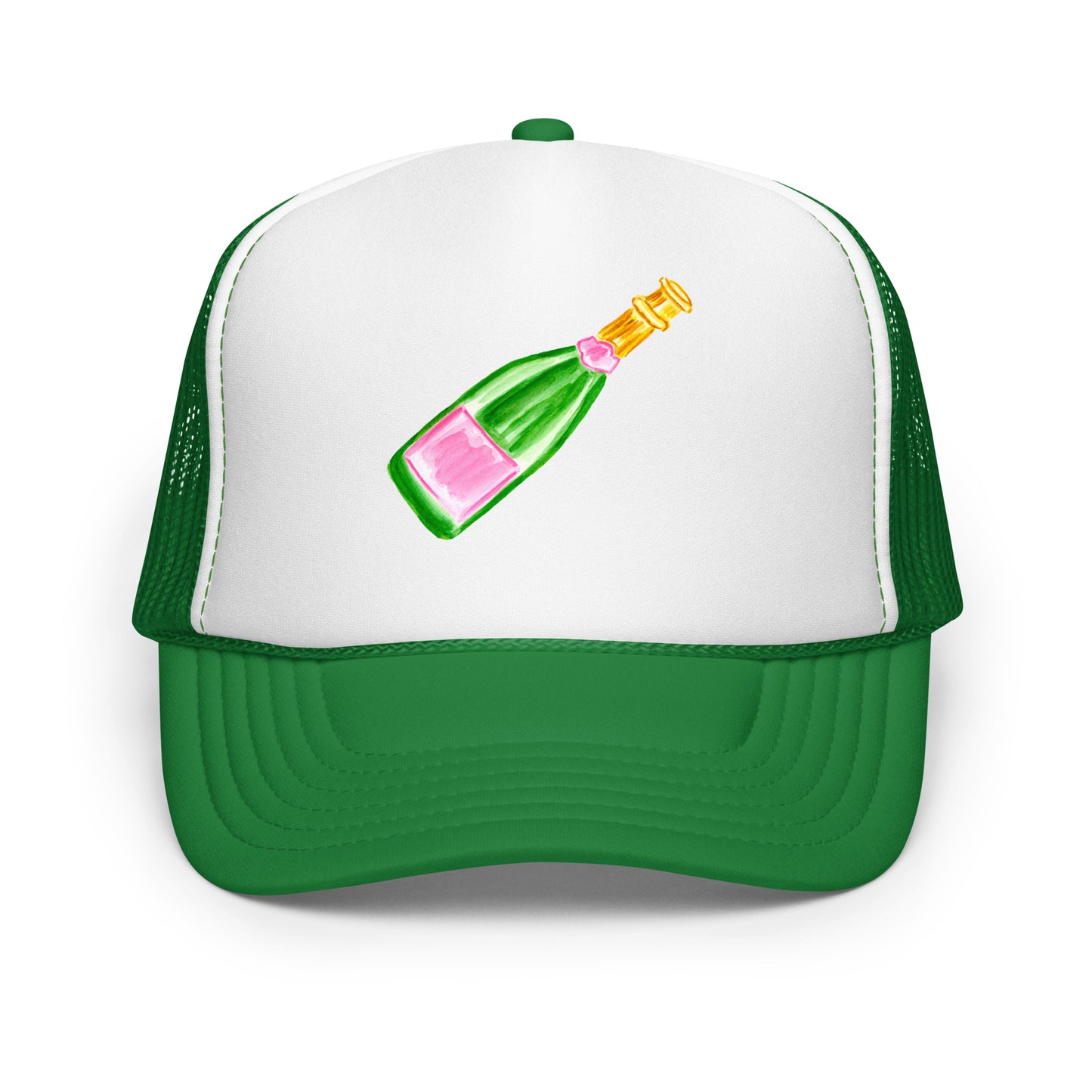 Trucker Hat | Pink & Green Champagne Bottle Watercolor Illustration Kelly White Kelly