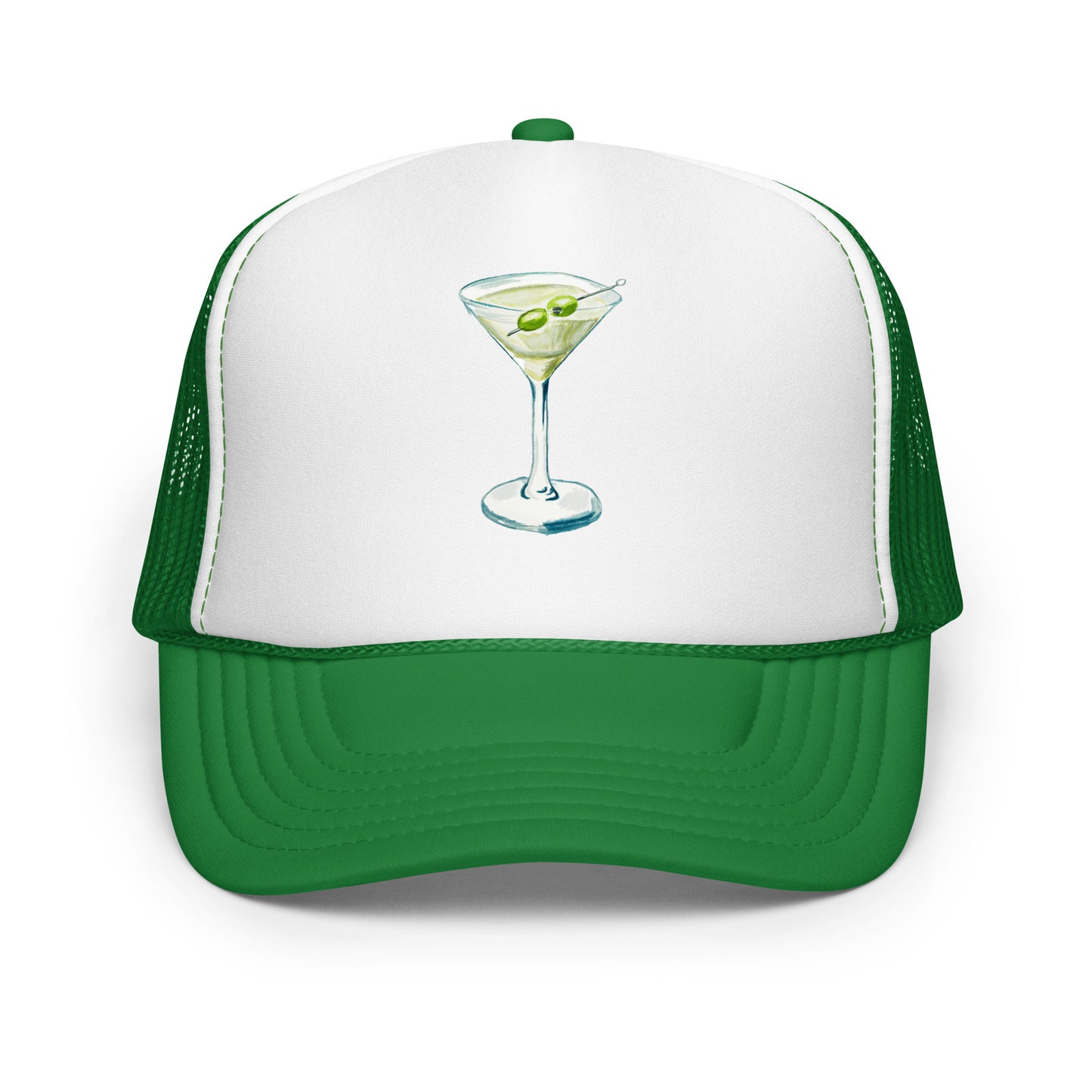 Martini Watercolor Illustrated Trucker Hat Kelly White Kelly