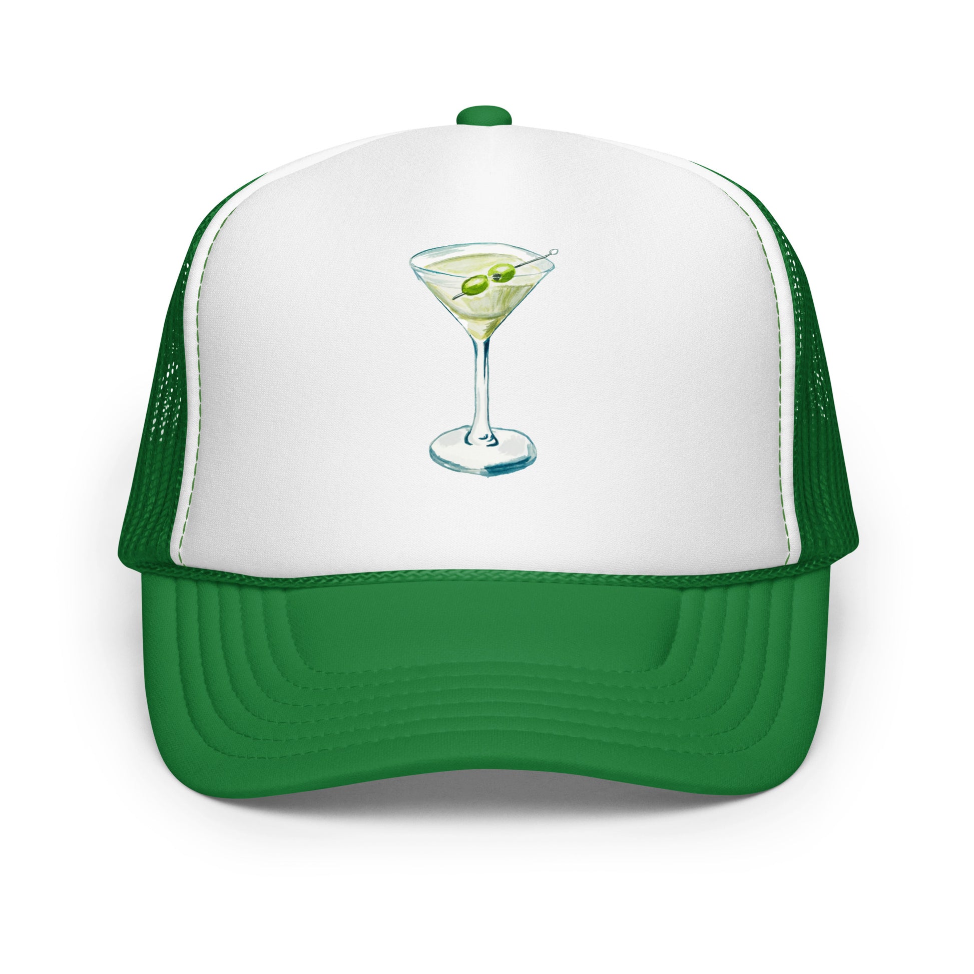 Martini Watercolor Illustrated Trucker Hat Kelly White Kelly