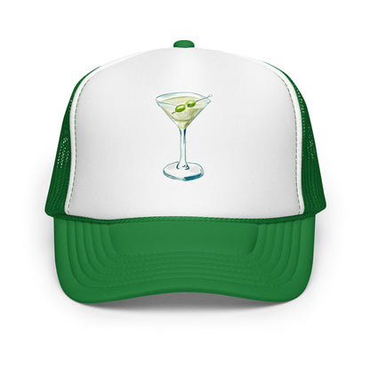Martini Watercolor Illustrated Trucker Hat Kelly White Kelly