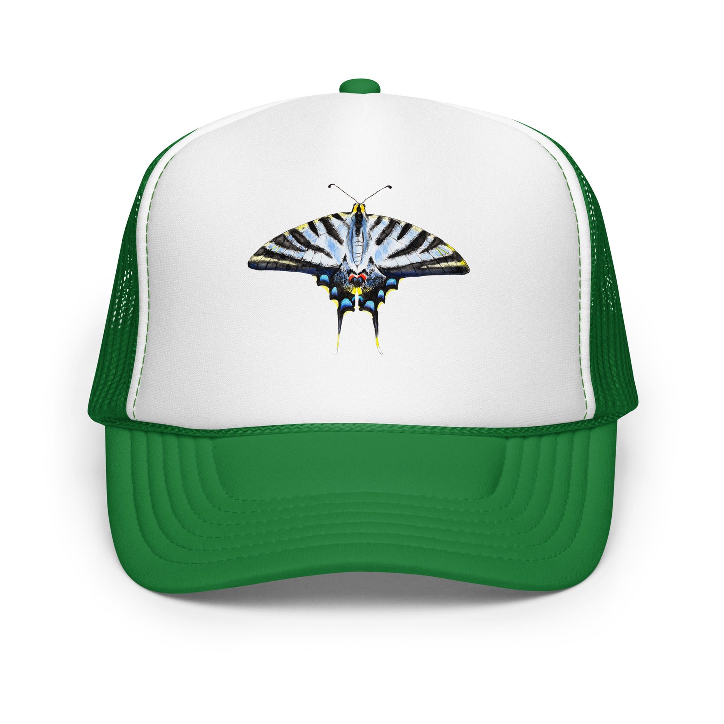 Light Blue Swallowtail Butterfly Watercolor Printer Trucker Hat | Various Hats Kelly White Kelly