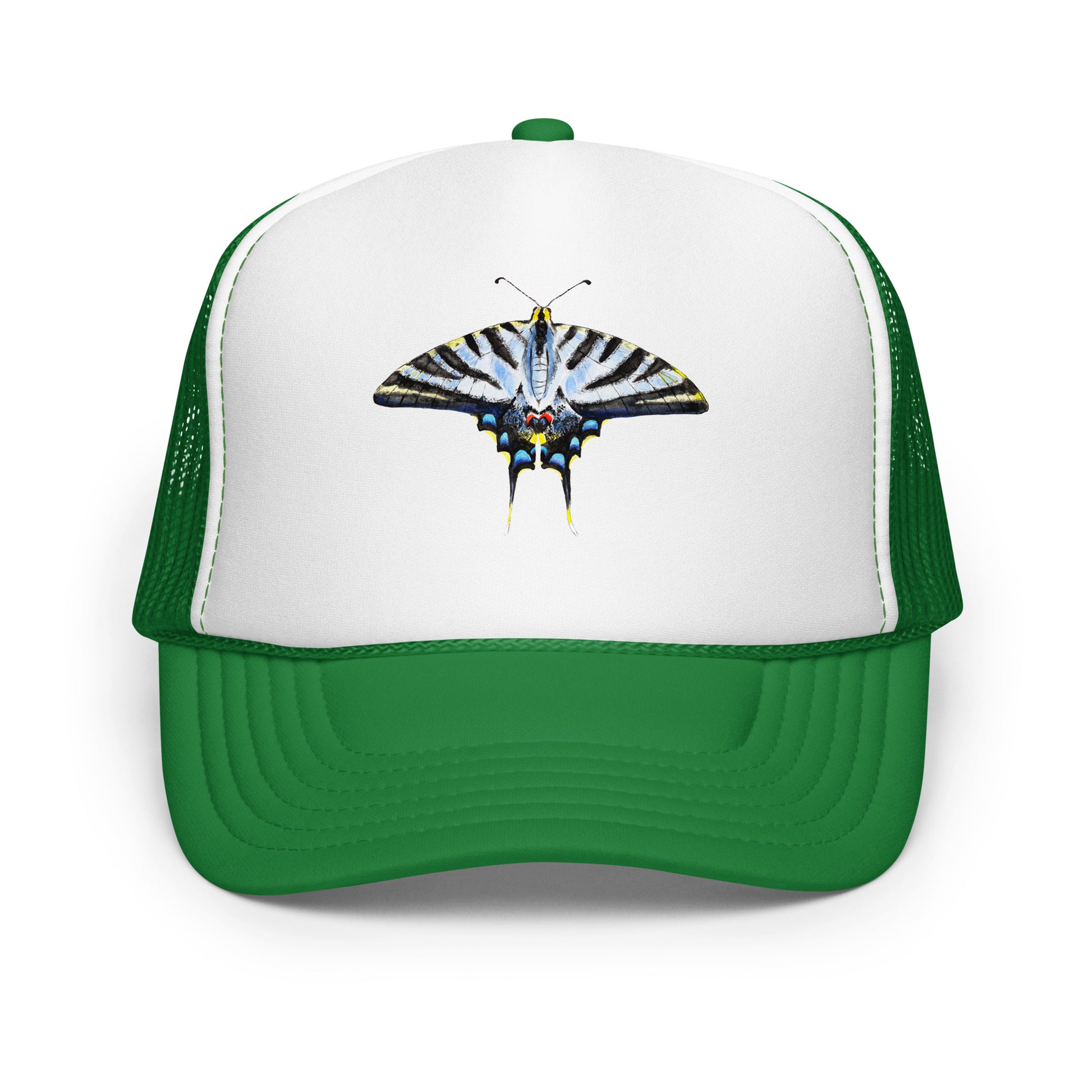 Light Blue Swallowtail Butterfly Watercolor Printer Trucker Hat | Various Hats Kelly White Kelly