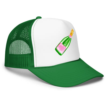 Trucker Hat | Pink & Green Champagne Bottle Watercolor Illustration
