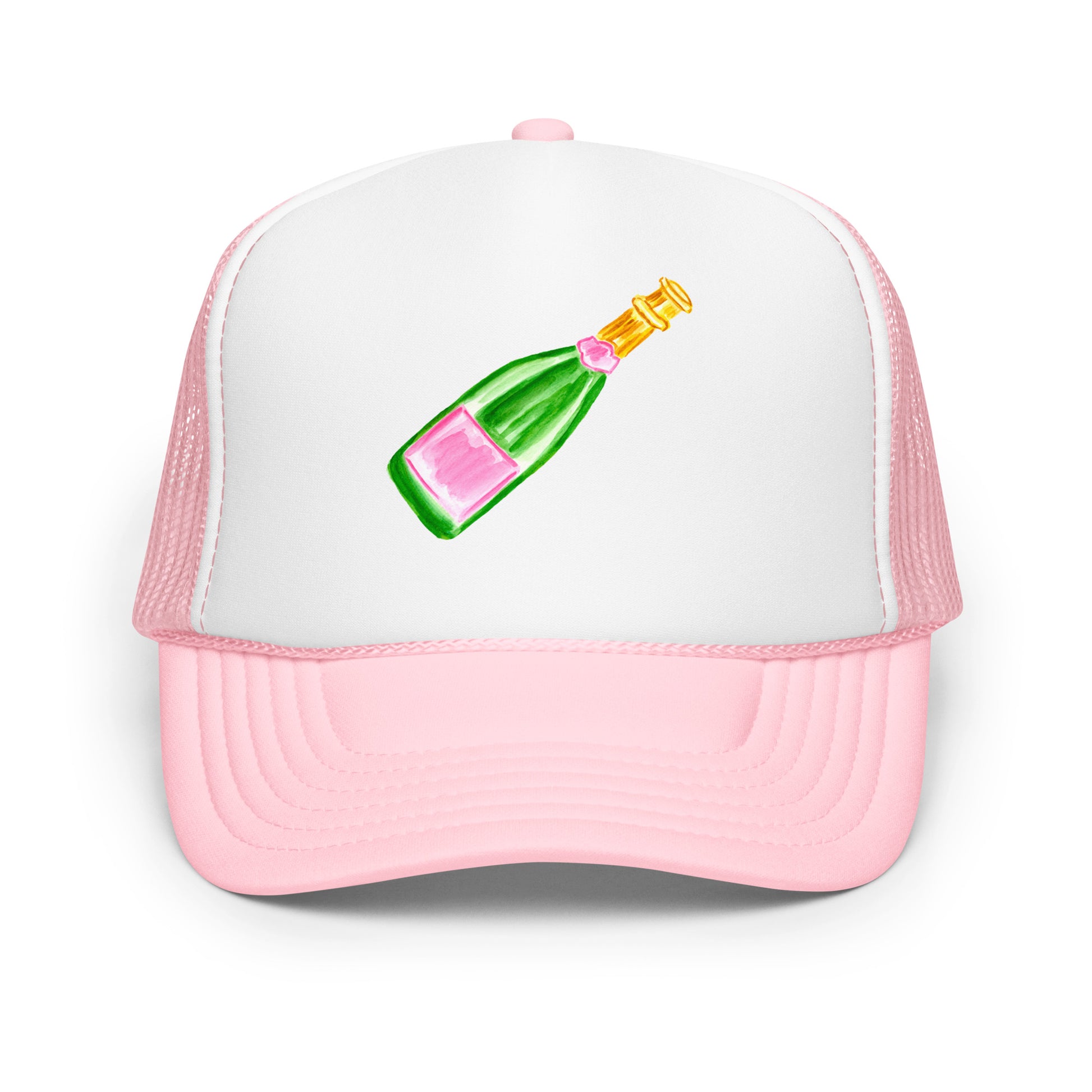 Trucker Hat | Pink & Green Champagne Bottle Watercolor Illustration Light Pink White Light Pink