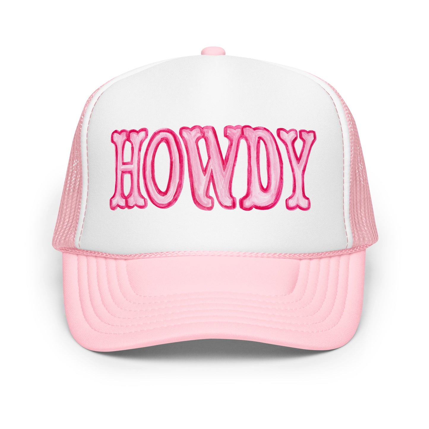 Hot Pink Howdy Watercolor Illustration Trucker Hat | 4 Colors Light Pink & White