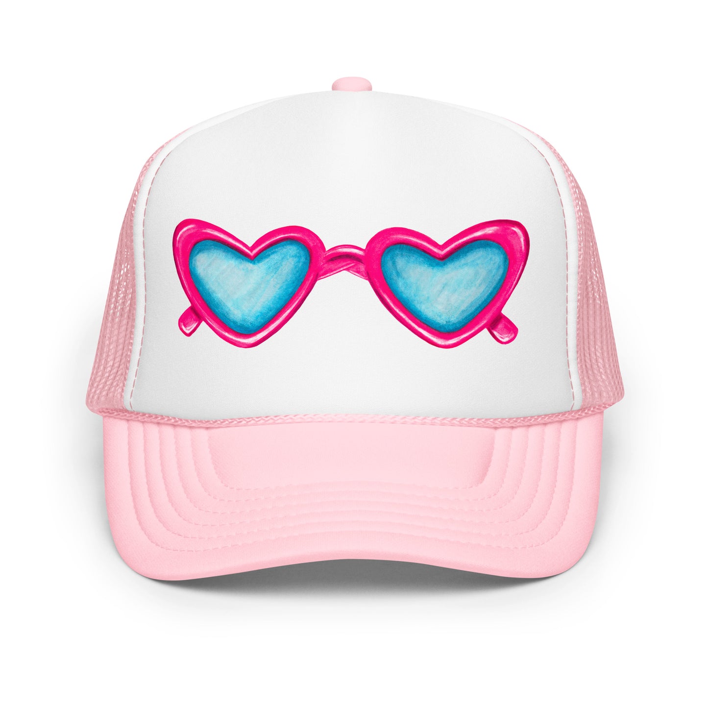 Trucker Hat | Hot Pink Heart Shaped Sunglasses Watercolor Illustration Light Pink White Light Pink