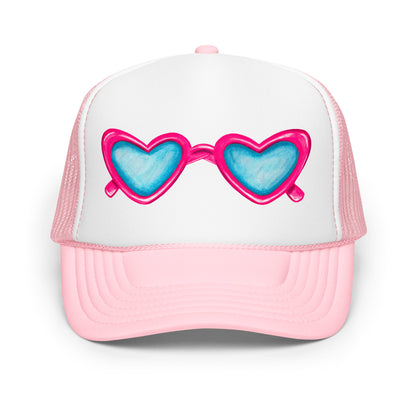 Trucker Hat | Hot Pink Heart Shaped Sunglasses Watercolor Illustration Light Pink White Light Pink