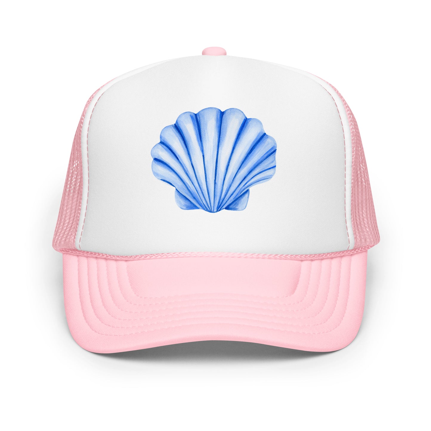 Blue Sea Shell Watercolor Illustrated Trucker Hat | 7 Colors Light Pink & White