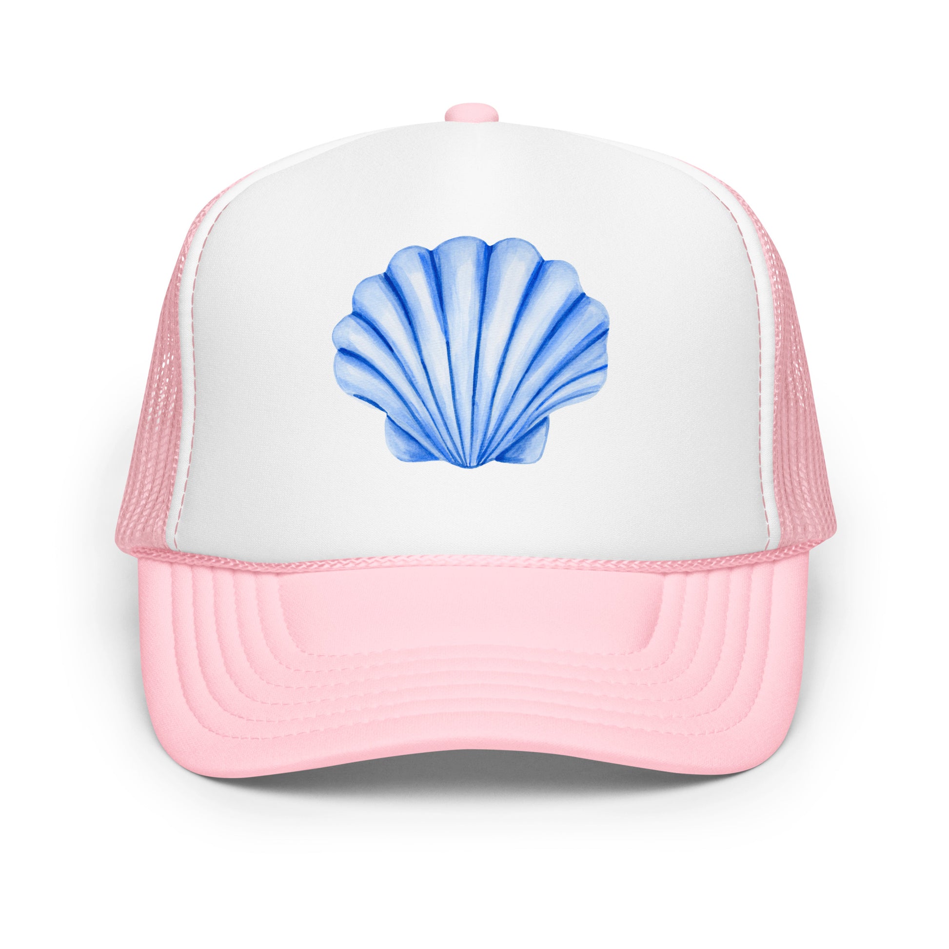Blue Sea Shell Watercolor Illustrated Trucker Hat | 7 Colors Light Pink & White