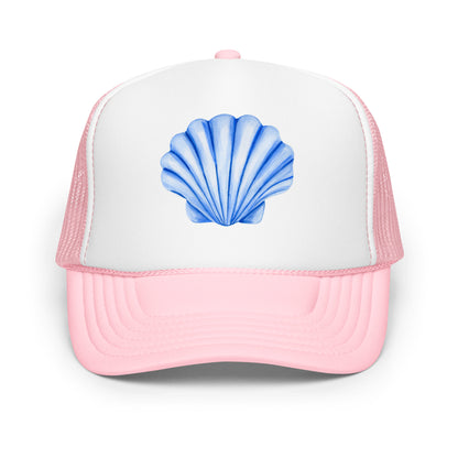 Blue Sea Shell Watercolor Illustrated Trucker Hat | 7 Colors Light Pink & White