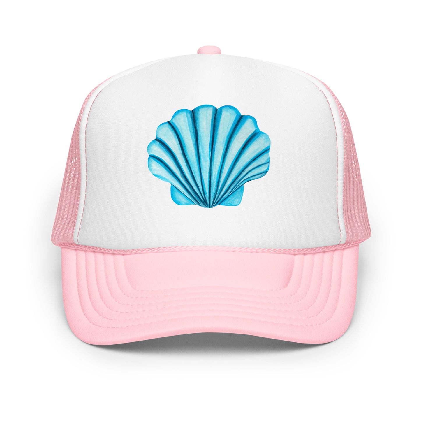 Turquoise Blue Sea Shell Watercolor Illustrated Trucker Hat | 6 Colors Light Pink & White