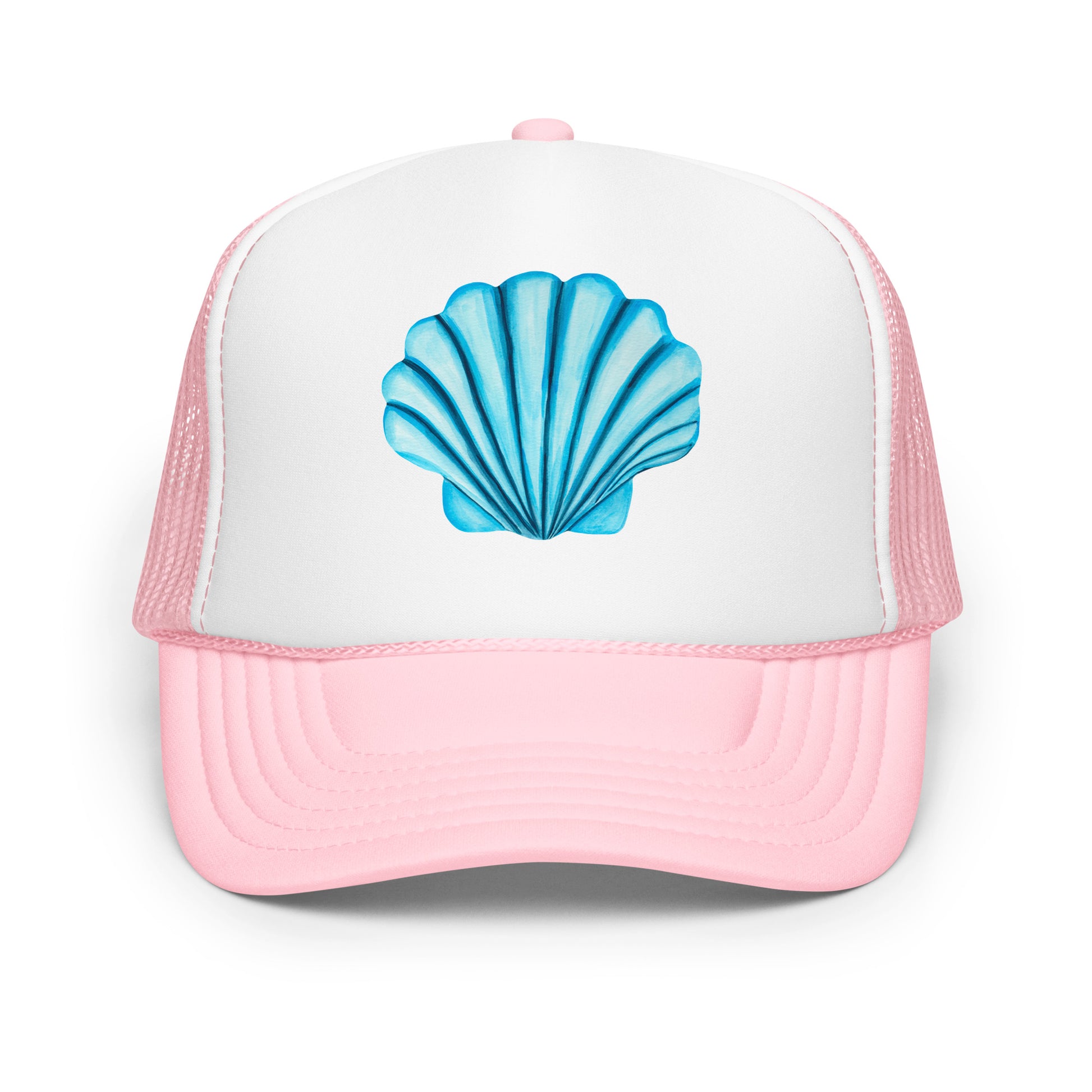 Turquoise Blue Sea Shell Watercolor Illustrated Trucker Hat | 6 Colors Light Pink & White