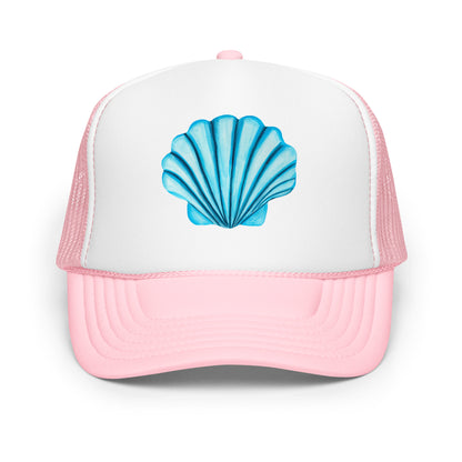 Turquoise Blue Sea Shell Watercolor Illustrated Trucker Hat | 6 Colors Light Pink & White