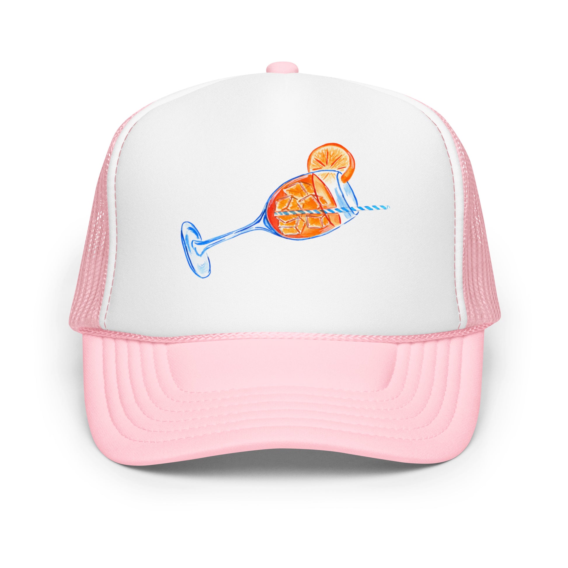 Aperol Spritz Watercolor Illustrated Trucker Hat Light Pink White Light Pink