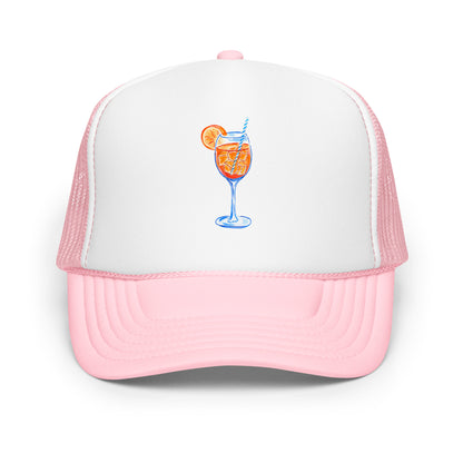 Aperol Spritz Watercolor Illustrated Trucker Hat Light Pink White Light Pink
