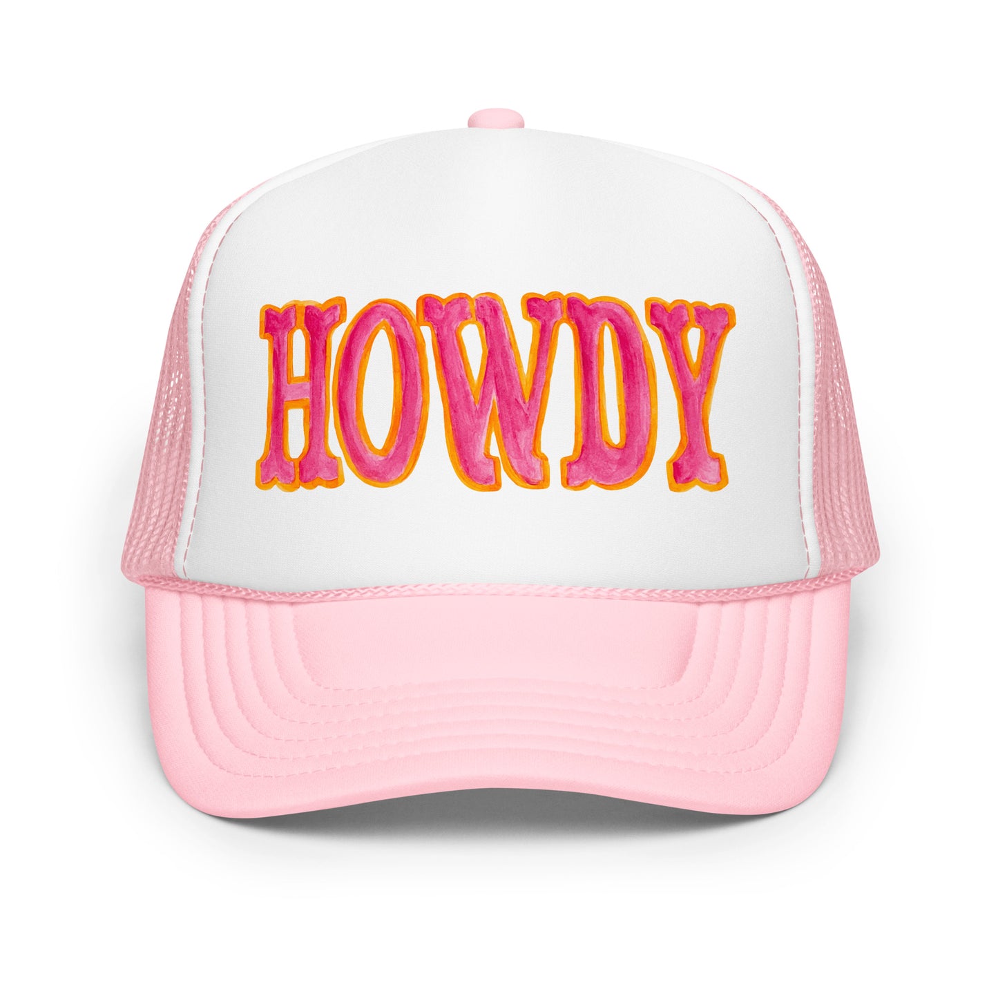 Howdy Hot Pink & Orange Watercolor Illustrated Trucker Hat Light Pink White Light Pink