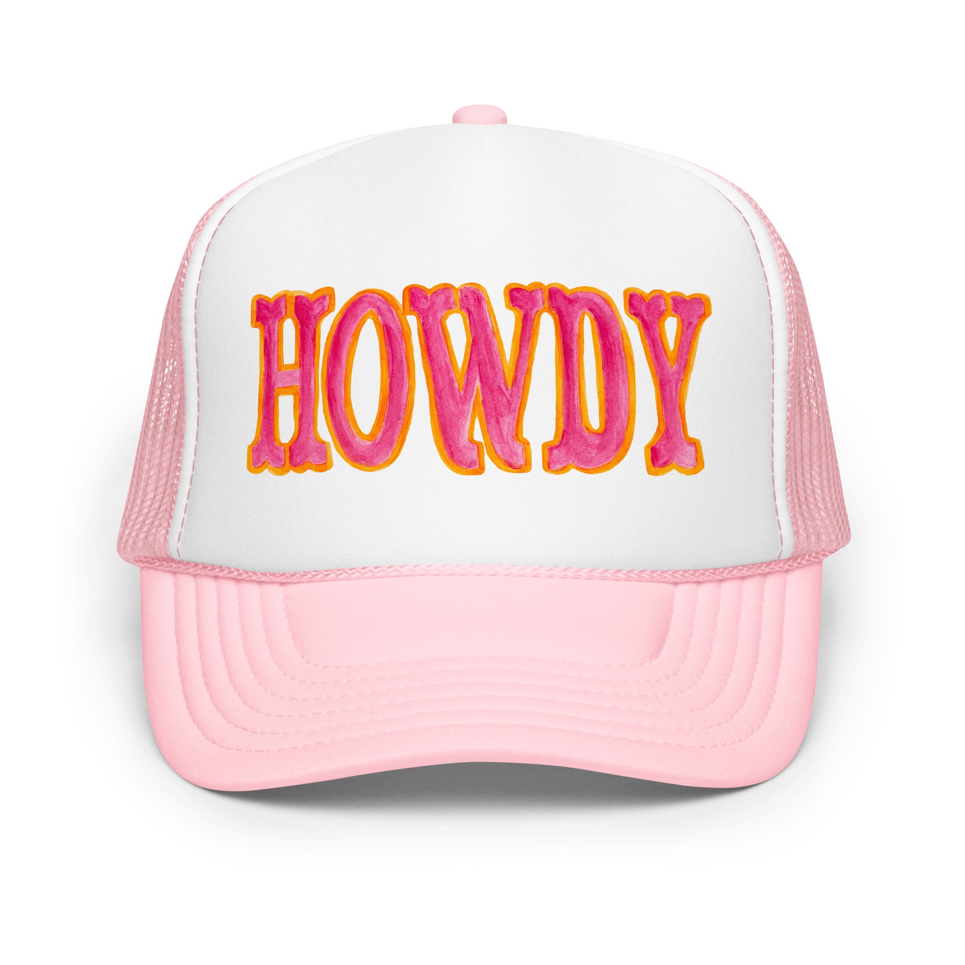 Howdy Hot Pink & Orange Watercolor Illustrated Trucker Hat Light Pink White Light Pink