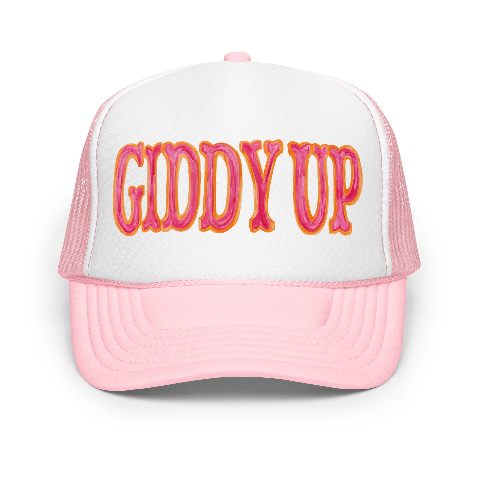 Giddy Up Hot Pink & Orange Watercolor Illustrated Trucker Hat Light Pink White Light Pink