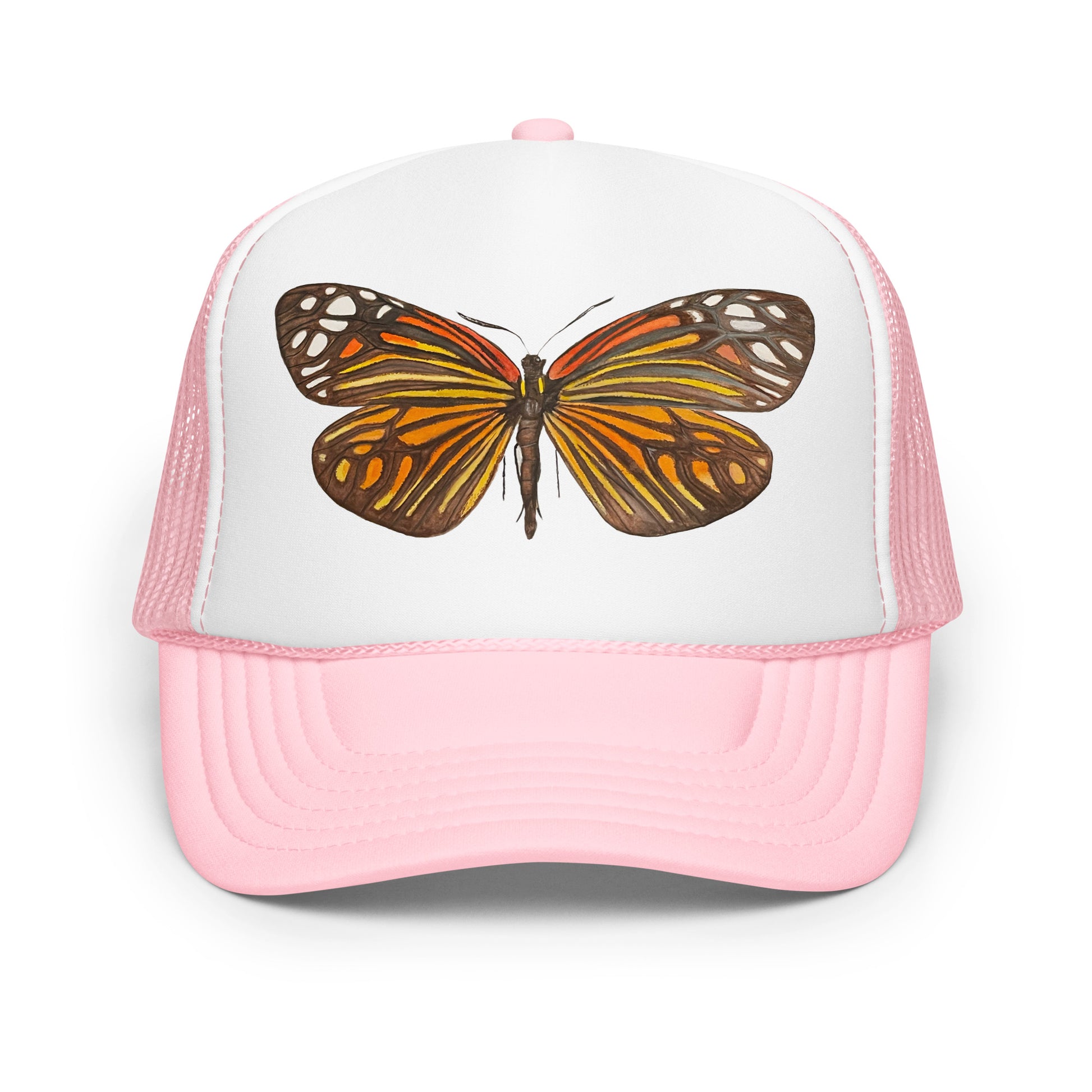 Orange & Black Butterfly Watercolor Illustrated Trucker Hat | 4 Colors Light Pink White Light Pink