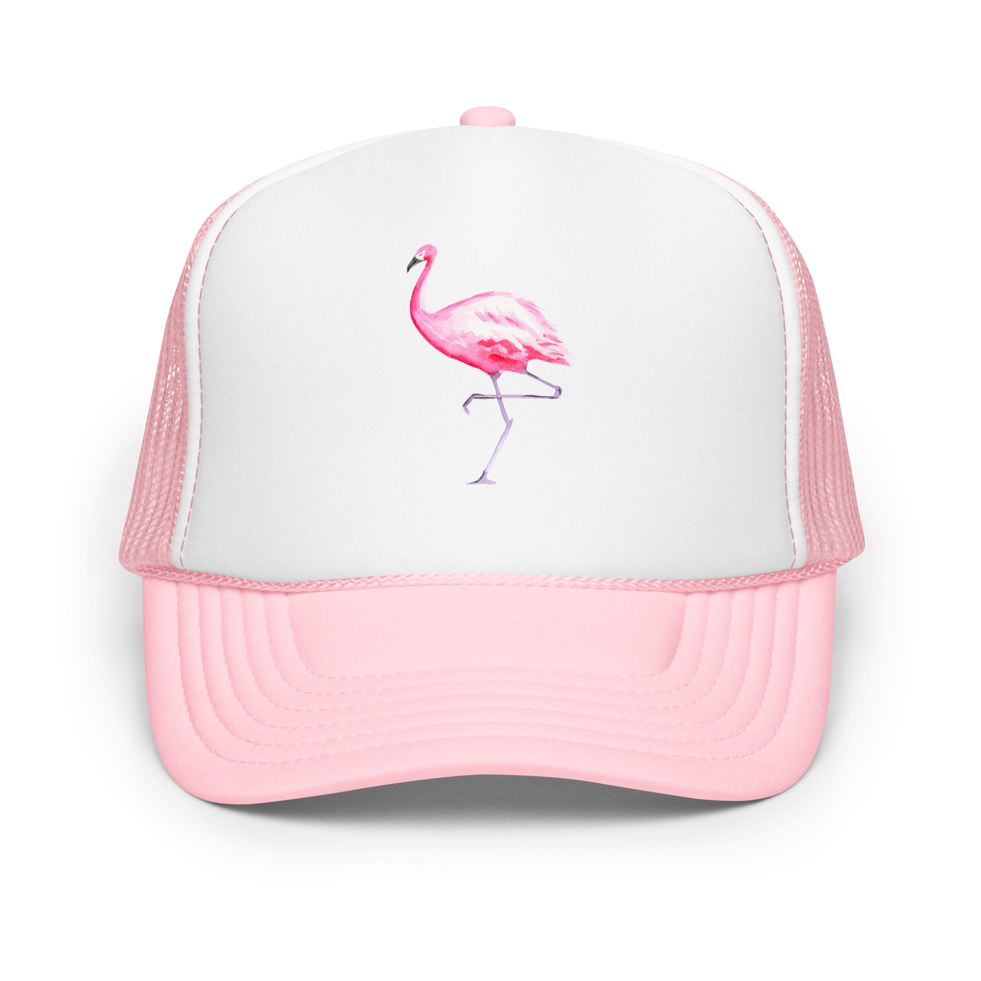 Pink Flamingo Watercolor Illustrated Trucker Hat | 9 Colors Light Pink White Light Pink