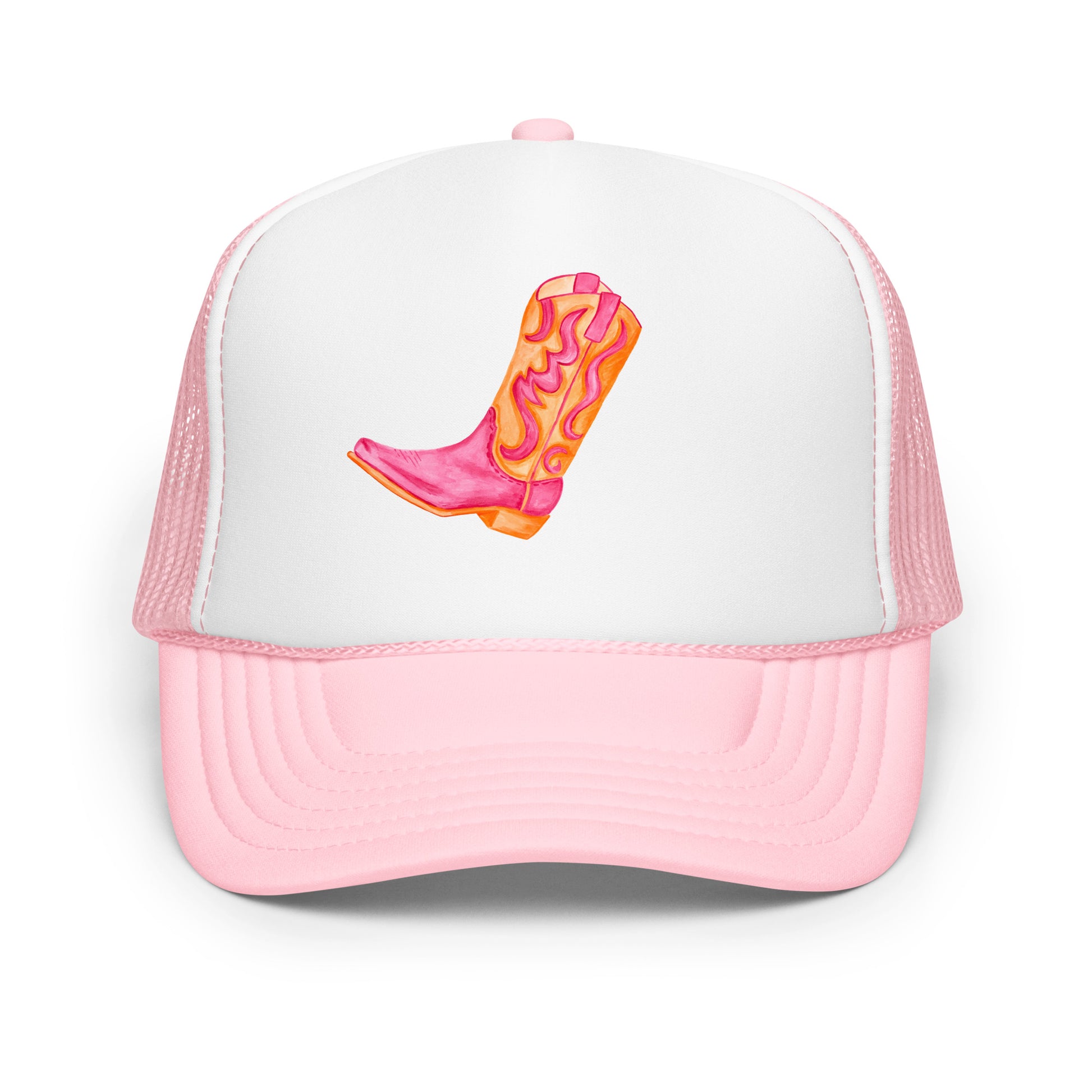 Hot Pink & Orange Cowboy Boot Watercolor Printed Trucker Hat | Various Colors Light Pink White Light Pink