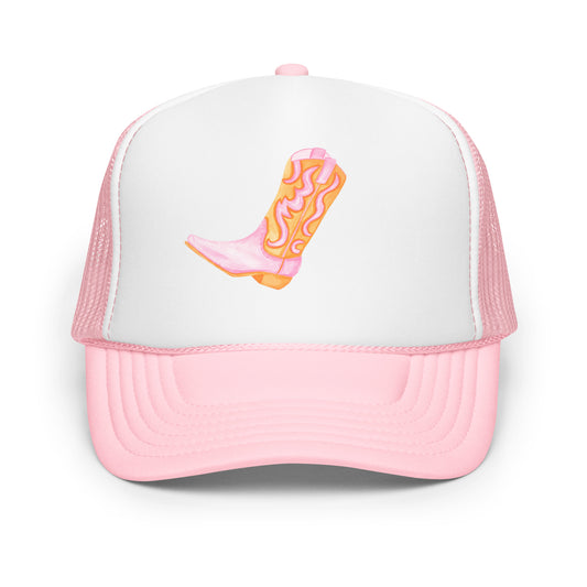 Light Pink & Orange Cowboy Boot Watercolor Printed Trucker Hat | Various Colors Light Pink White Light Pink
