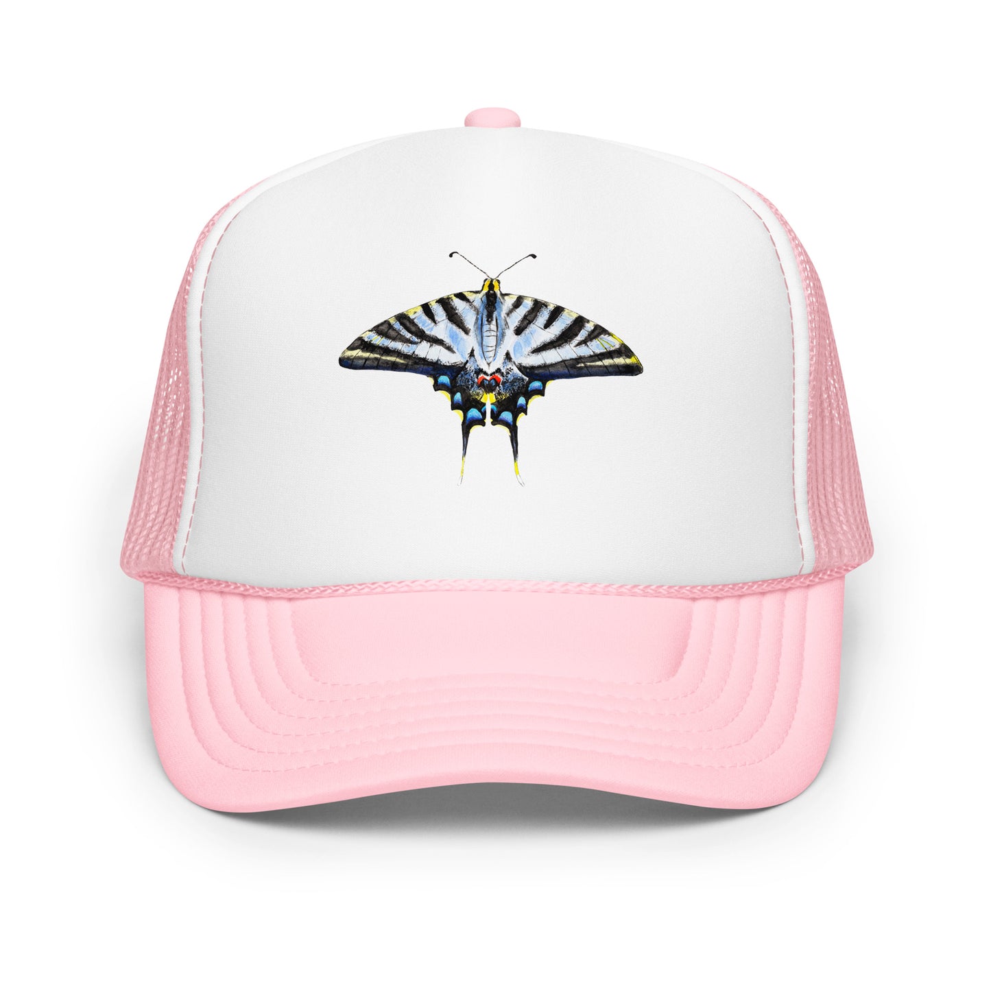 Light Blue Swallowtail Butterfly Watercolor Printer Trucker Hat | Various Hats Light Pink White Light Pink