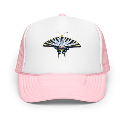 Light Blue Swallowtail Butterfly Watercolor Printer Trucker Hat | Various Hats Light Pink White Light Pink