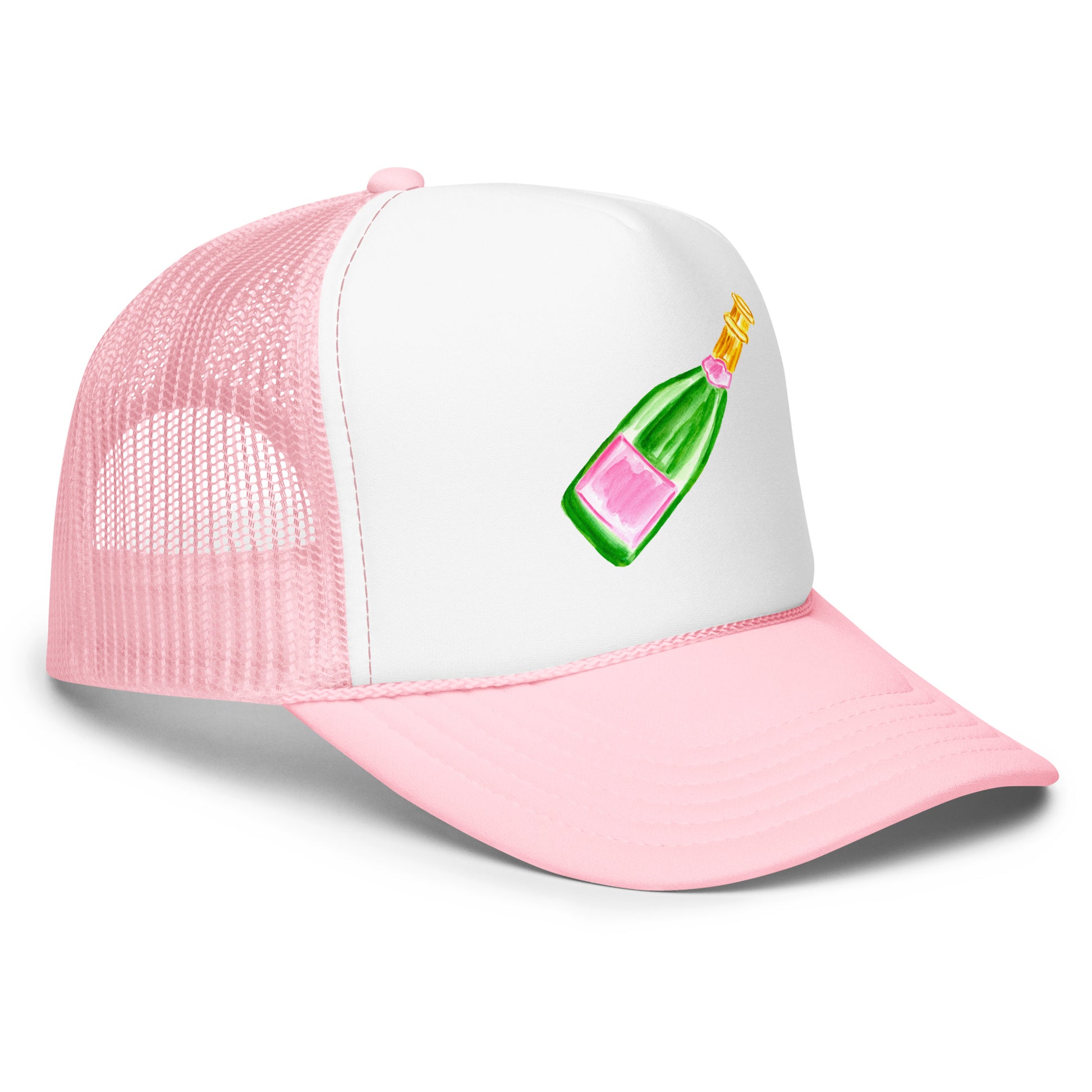 Trucker Hat | Pink & Green Champagne Bottle Watercolor Illustration