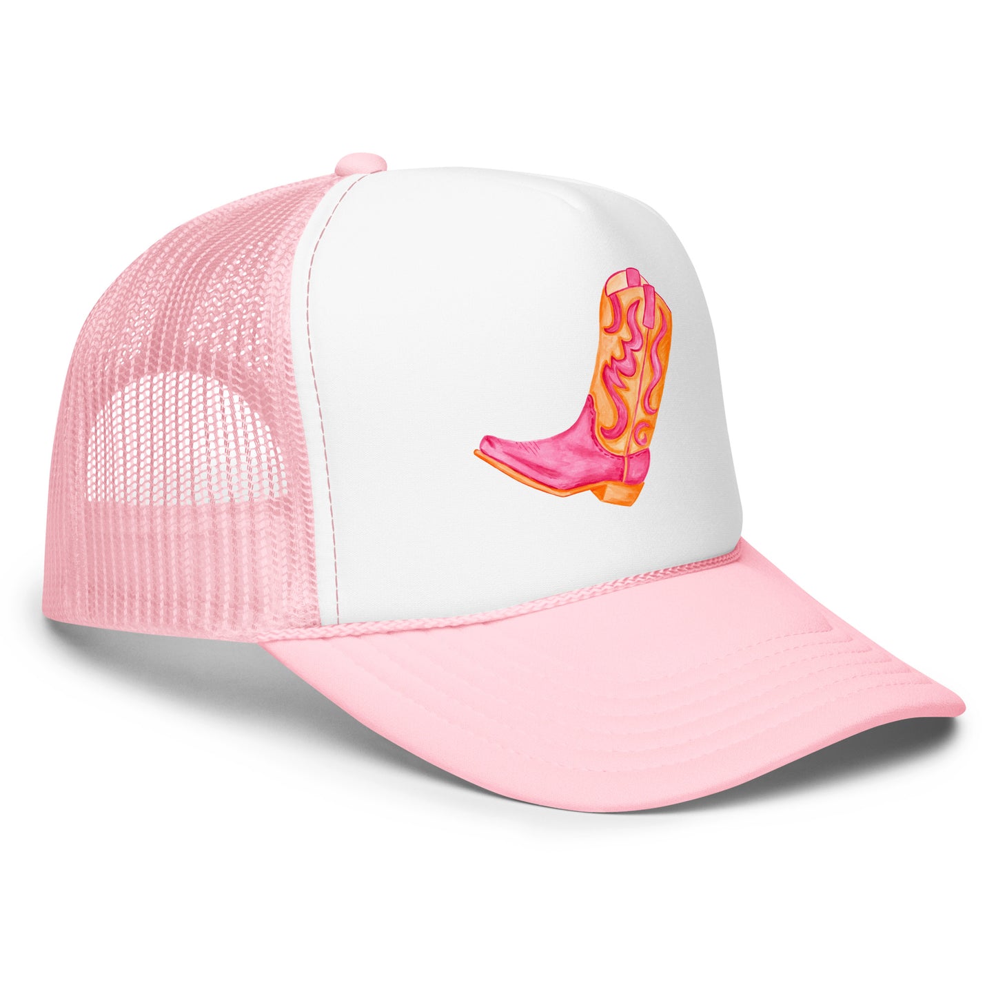 Hot Pink & Orange Cowboy Boot Watercolor Printed Trucker Hat | Various Colors